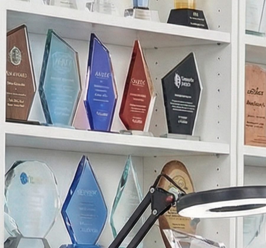 Polica sa akrilnim i kristalnim nagradama i trofejima