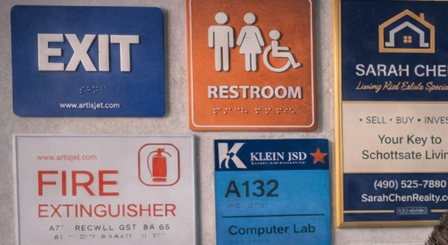 Primeri UV štampane signalizacije: EXIT, restroom, protivpožarne i informativne table